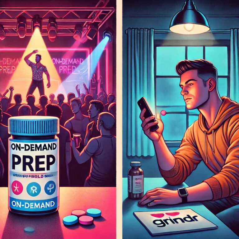 A split-screen illustration showing two distinct scenarios related to HIV prevention with PrEP. On the left side, a vibrant nightclub scene with colorful lighting, featuring a gay man discreetly taking two pills of on-demand PrEP. Include only one visible bottle of medication labeled 'On-Demand PrEP' on a nearby surface. On the right side, a man sitting in a cozy, dimly lit room looking at his phone, scrolling through a dating app like Grindr. Remove all other bottles and props for simplicity. Both sides maintain a respectful tone, highlighting proactive sexual health care.